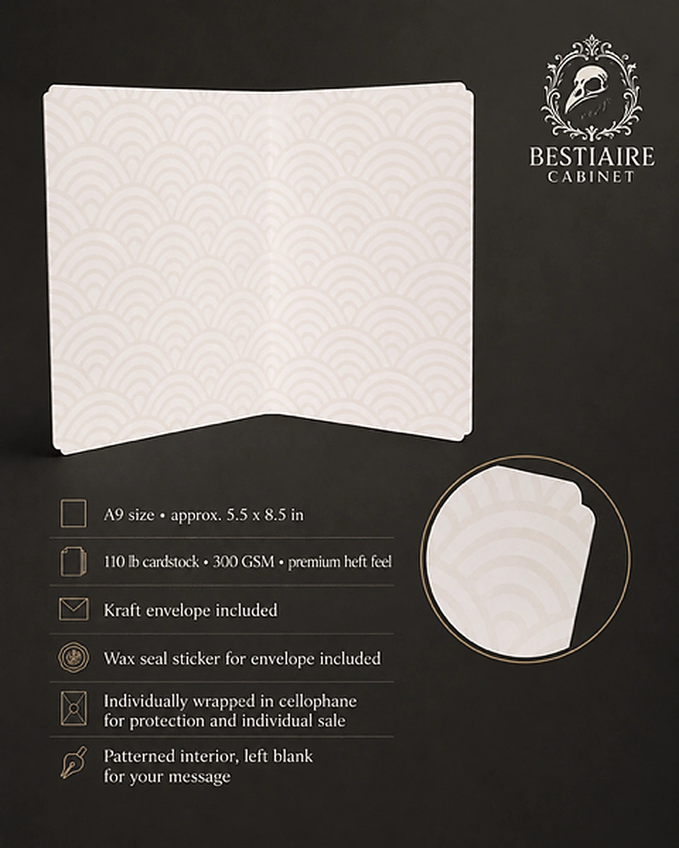 Greeting card size, materials, envelope, packaging and patterned interior details