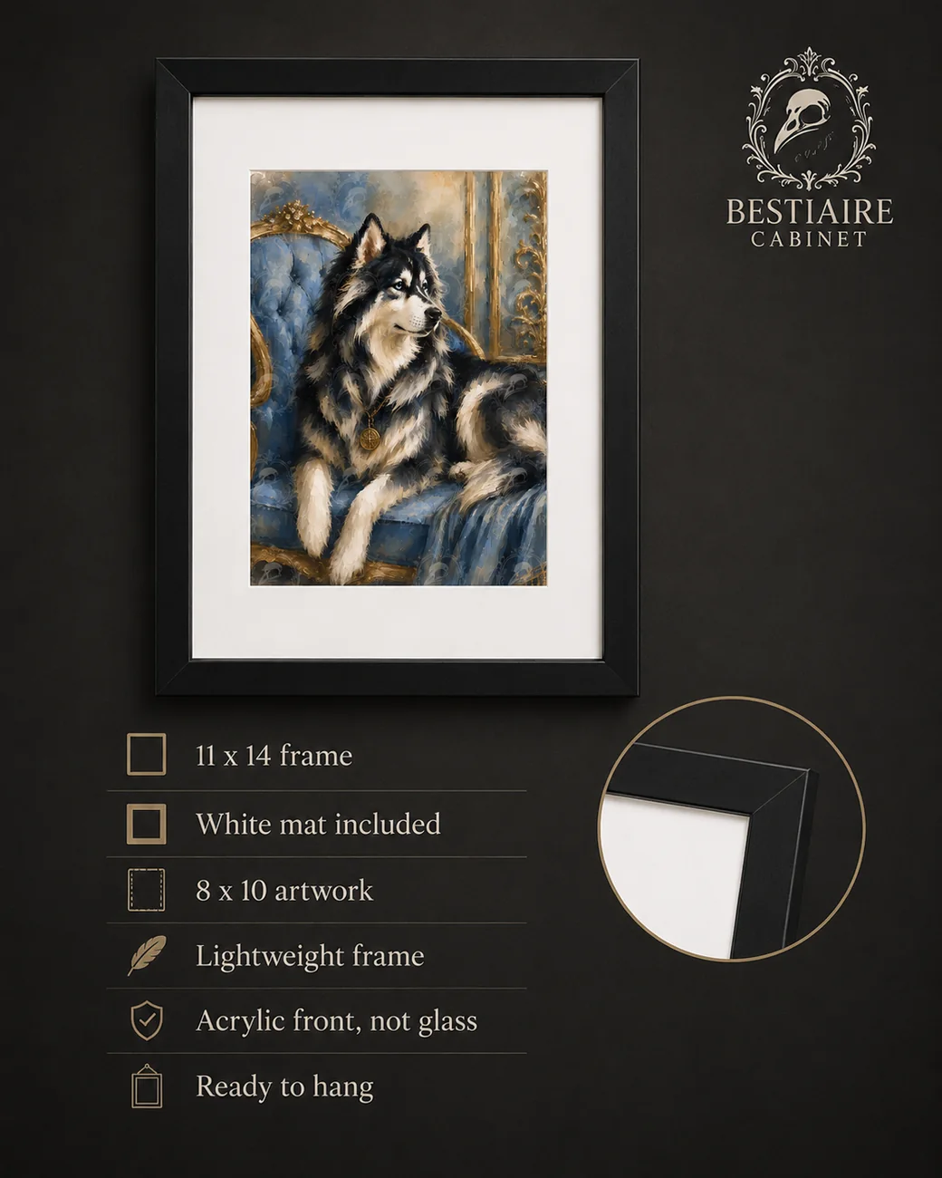 Framed artwork dimensions, white mat, lightweight acrylic front and ready-to-hang details