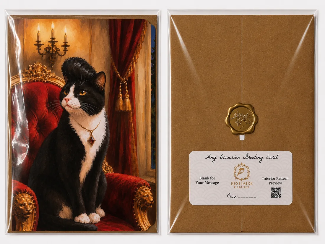 Bestiaire Cabinet tuxedo cat greeting card with kraft envelope